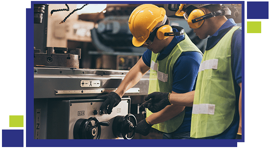 Industry engineer team worker teaching help talking production machine and setting it for work in modern factory. staff operate control heavy machine in factory