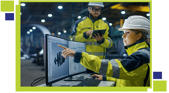 Inside the Heavy Industry, Factory Female Industrial Engineer Works on Personal Computer She Designs 3D Engine Model, Her Male Colleague Talks with Her and Uses Tablet Computer