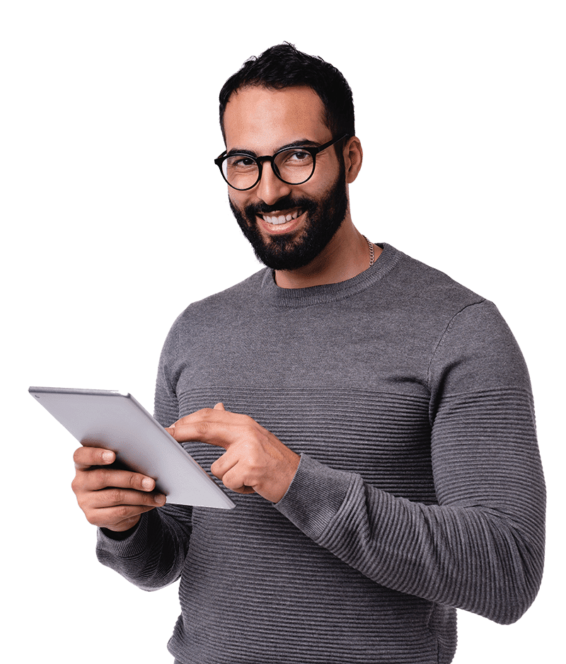 Side view photo of young handsome man using tablet in casual outfit